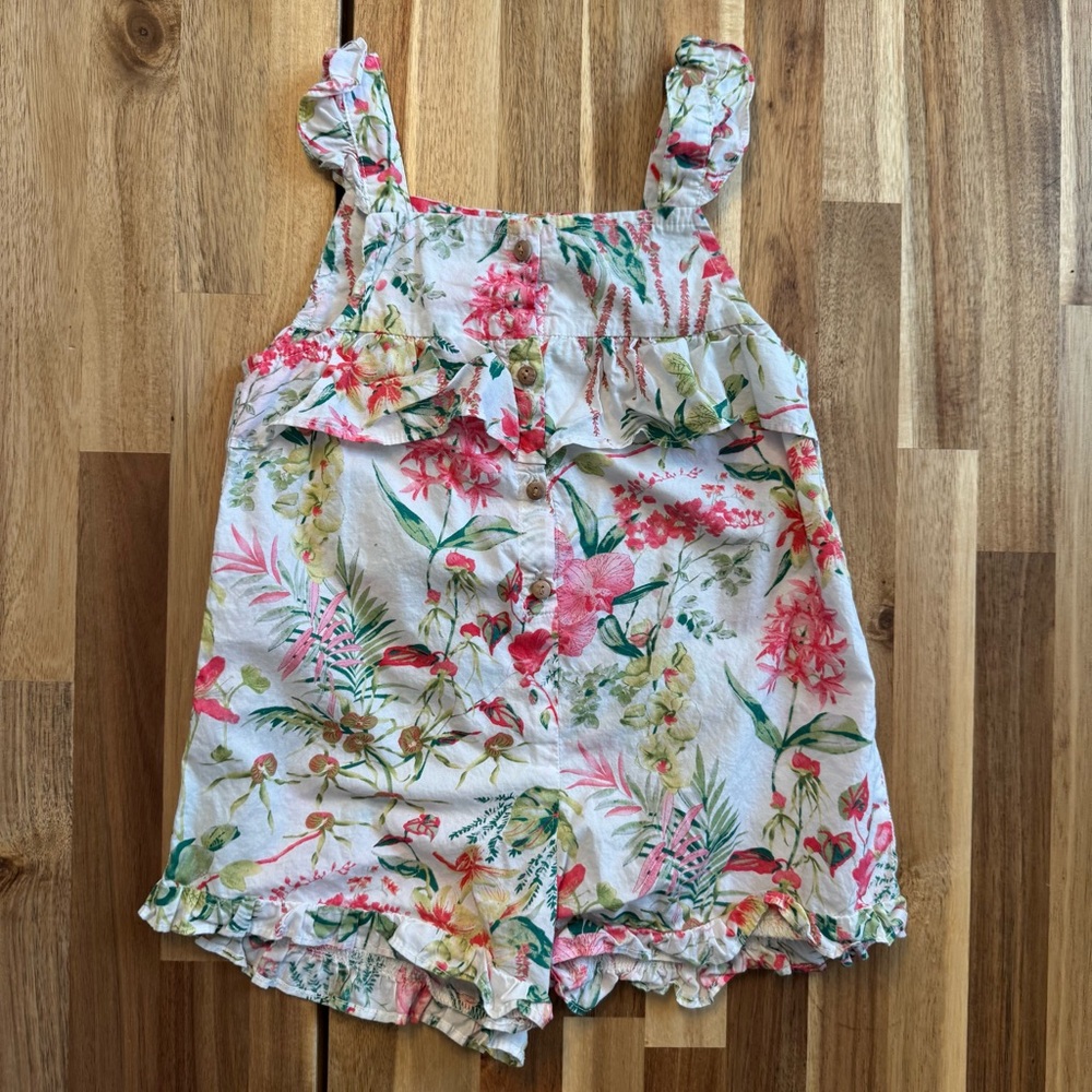 Zara BabyGirl Floral Linen Blend Romper Ruffle Sleeveless One Piece Size 2-3Y
